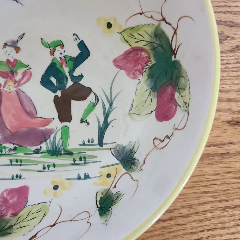 Vintage European Folk Art Handpainted Bowl - Dancing Man and Woman, Strawberries